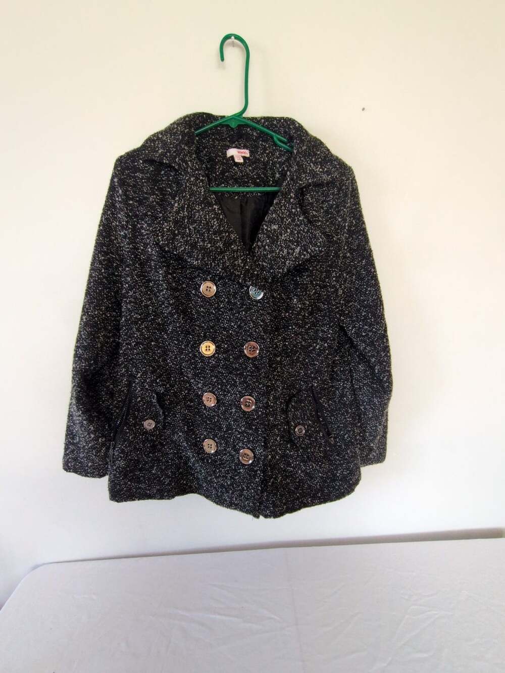 Bongo Black and White Speckled Tweed Double Breasted Pea Coat Jacket